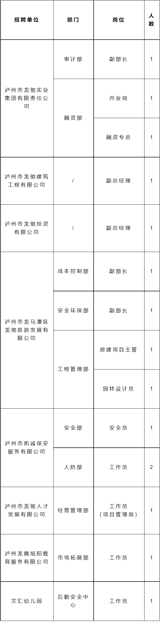 2023四川泸州市龙驰实业集团有限责任公司春季招聘公告