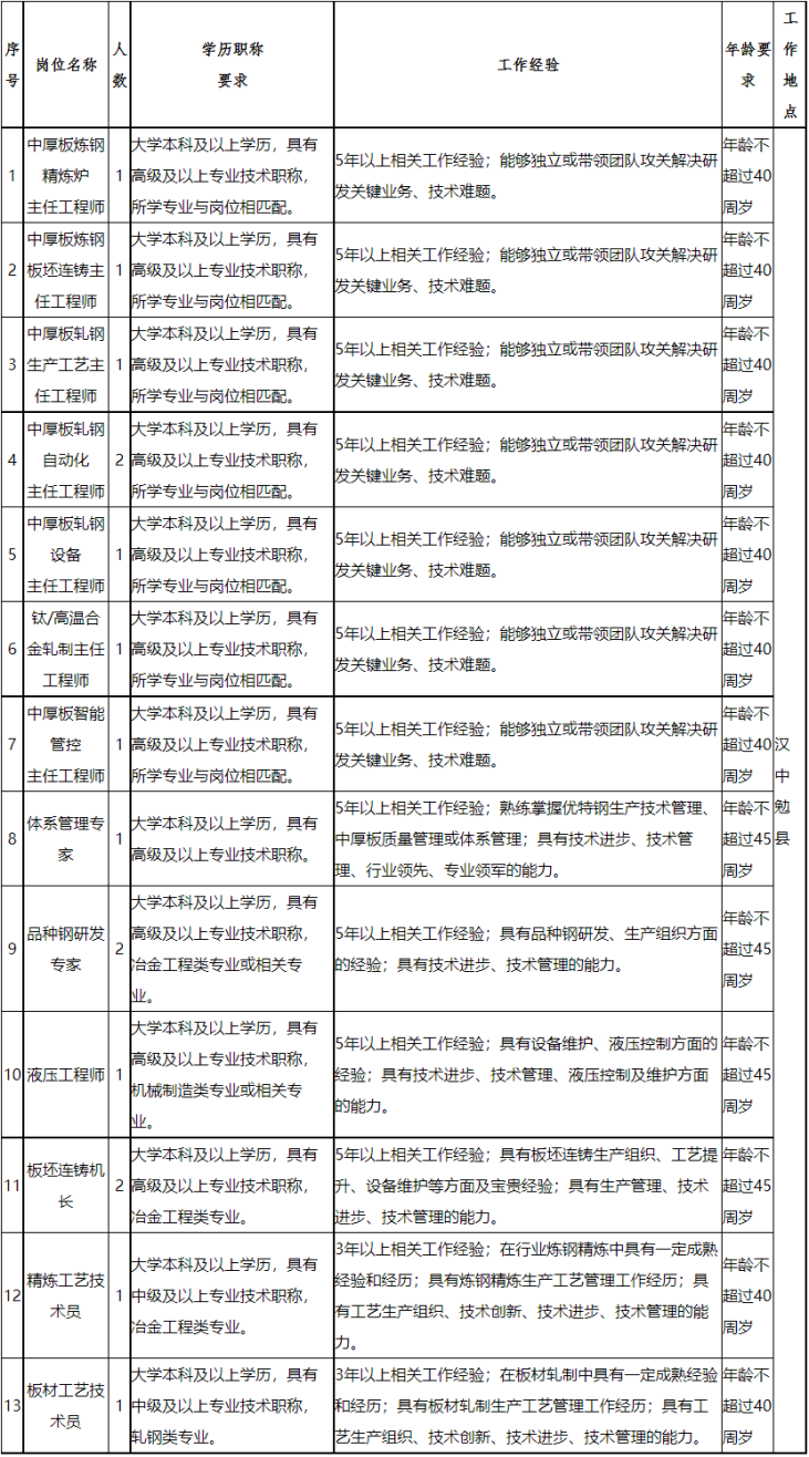 2023陕钢集团汉中钢铁有限责任公司中厚板专业技术人才招聘简章