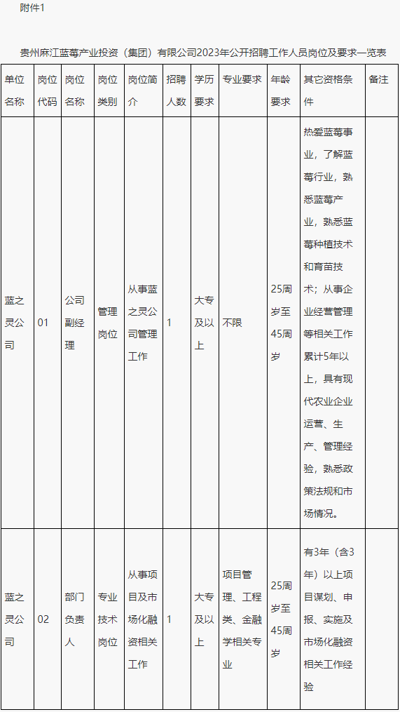 2023贵州麻江蓝莓产业投资（集团）有限公司招聘2人公告