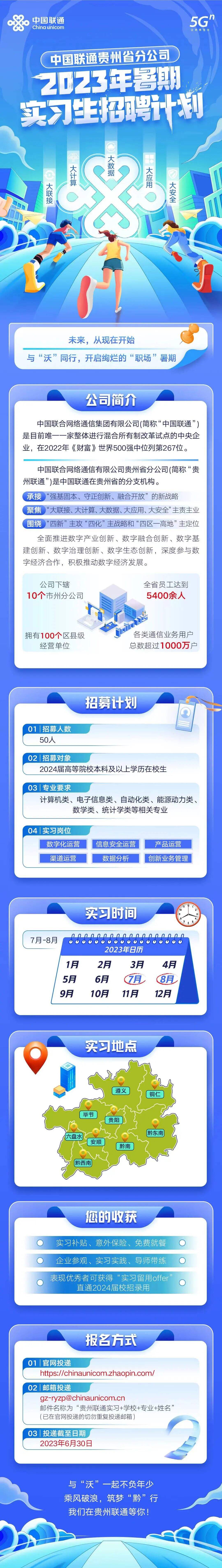 中国联通招聘公告-2023年贵州联通暑期实习生招聘50人公告